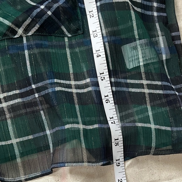 New Zara Sheer Metallic Threaded Green Plaid Cropped Blouse - Size L - Picture 11 of 15